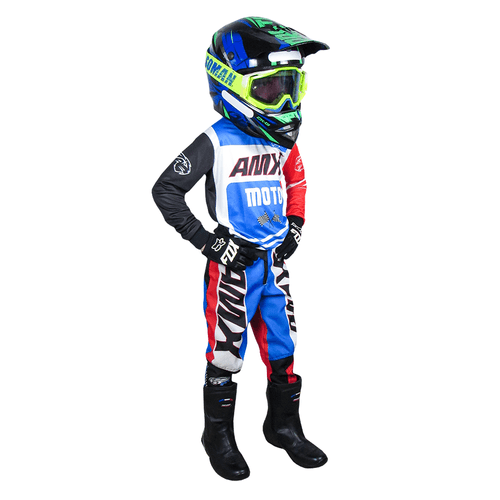 Conjunto  Motocross Trilha AMX Prime Moto Infantil - Azul Branco Vermelho