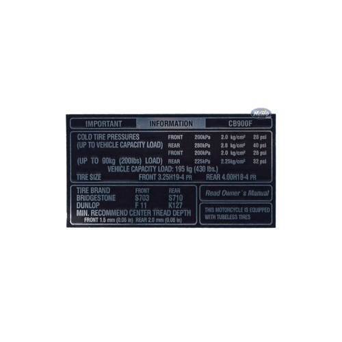 Etiqueta Advertencia Pressao Pneu Cb900f
